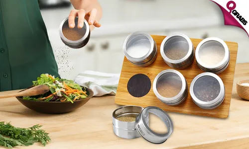 6-Piece Magnetic Spice Jars with Bamboo Base!